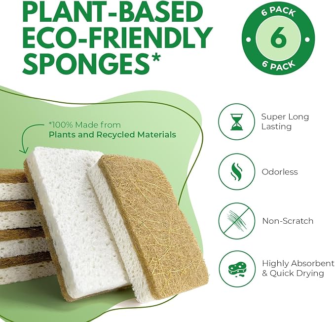 AIRNEX Biodegradable Natural Kitchen Sponges Pack of 6 - Cellulose and Coconut Walnut Scrubber Sponge - Eco Friendly Sponges for Dishes
