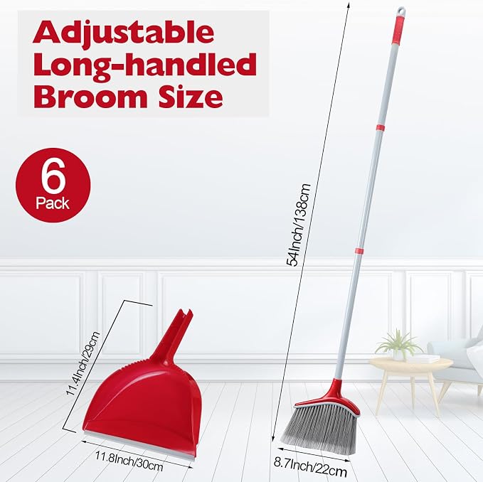 Meanplan 6 Pcs Angle Broom and Dustpan Combo Set for School Classroom 54 Inch Outdoor Indoor Cleaning Broom Commercial Broom with Step-on Dustpan for Home Kitchen Office Floor Dirt Dust Hair Cleaning