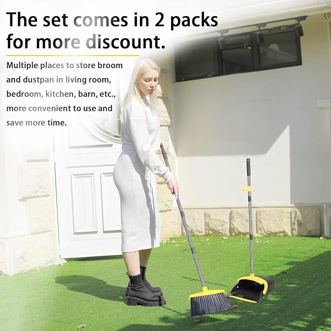 2-Pack is More economical,Brooms with Dustpan Combo Set， with 52" Long Handle, Dustpan Teeth with self-Cleaning Function, Indoor and Outdoor Sweeping, Perfect for Home Office (Large/Yellow/ 2-Pack)