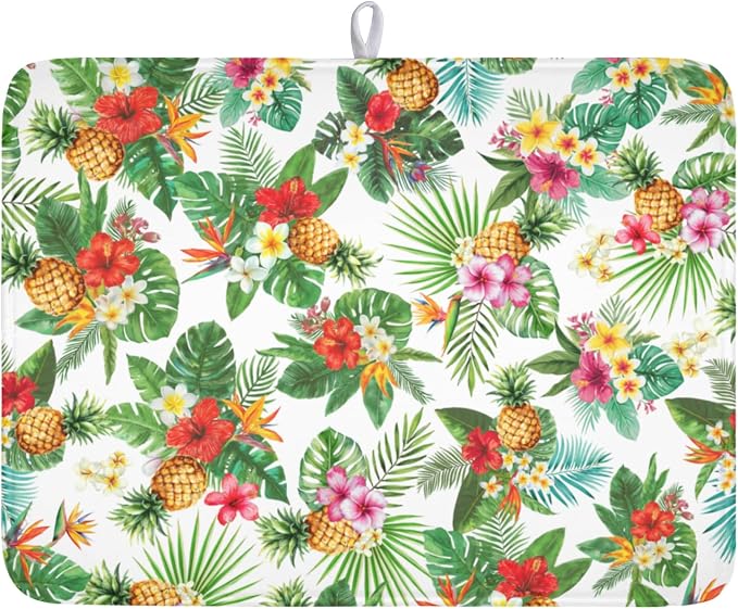 Summer Tropical Dish Drying Mat for Kitchen Counter Hawaii Palm Leaves Floral Pineapple Microfiber Dish Drainer Mat Rustic Absorbent Washable Drying Pad Extra Large 18"x24"
