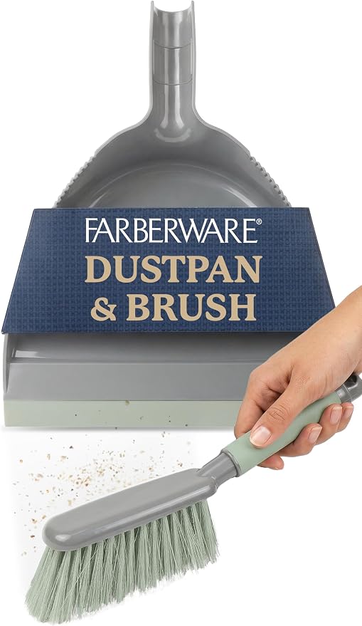 Farberware Handheld Broom and Dustpan Set with Rubber Lip – Small Dust Pan and Brush Set for Kitchen Crumbs, Cat Litter, Compact Hand Broom with Soft Grip Handle for Home Cleaning