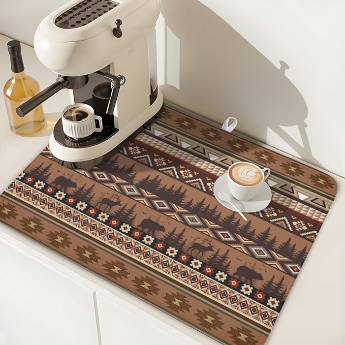 Giwawa Rustic Bear Deer Dish Drying Mat Boho Ethnic Drainer Rack Pad 18x24 Inch Microfiber Absorbent Dish Sink Mat for Counter Kitchen Tableware