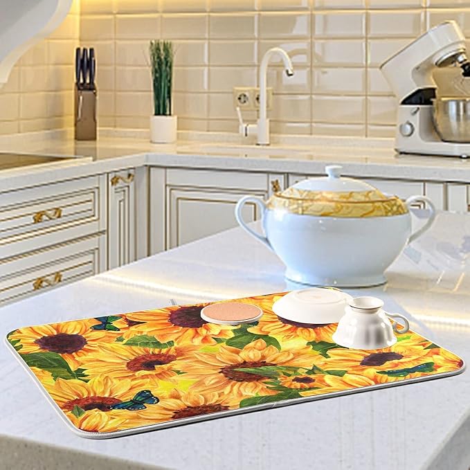 Super Absorbent Dish Drying Mat, Microfiber Fast-Drying Dish Mat, 16" x 18", Kitchen Dish Drying Pad, Sunflowers And Green Blue Butterflies
