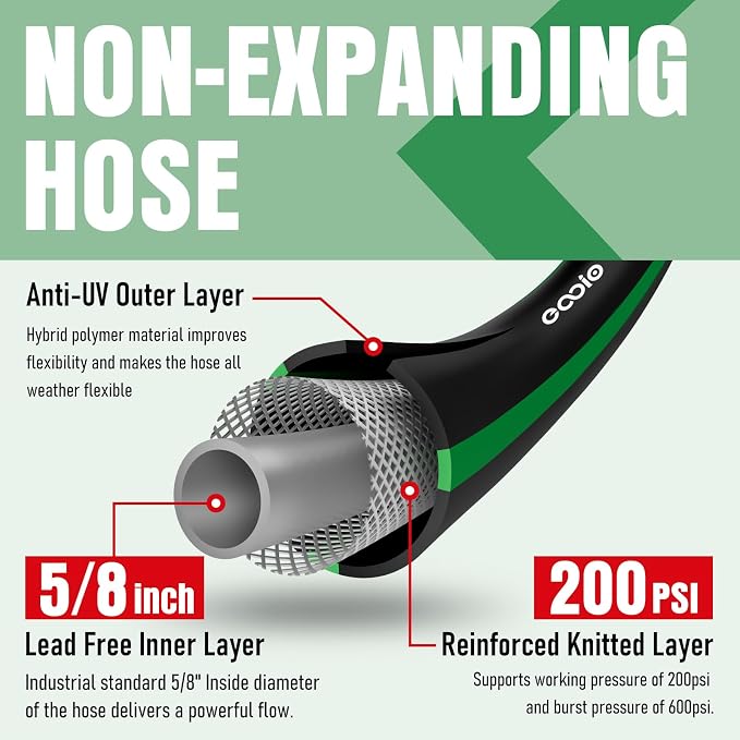 Garden Hose 25 ft x 5/8" with Nozzle, Water Hose Heavy Duty Flexible, Lightweight Kink-less Hybrid Hose with Swivel Handle, Male to Female Fittings