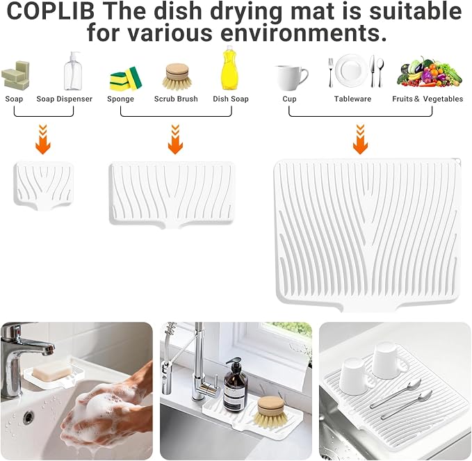 Silicone Dish Drying Mat for Kitchen counter, 19.7"x17" Extra Large Non-Slip Drain Pad with Built-in Drainage, Heat Resistant Dishwasher Safe, Ivory