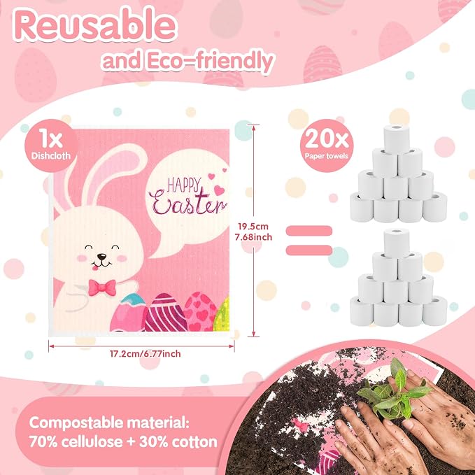 Easter Swedish Dishcloth Set of 10, Super Absorbent Swedish Kitchen Dish Cloths Reusable Paper Towels Cleaning Rags for Dishes Quick Drying, Easter Cute Bunny Rabbit Egg Prints Decorative Wipes