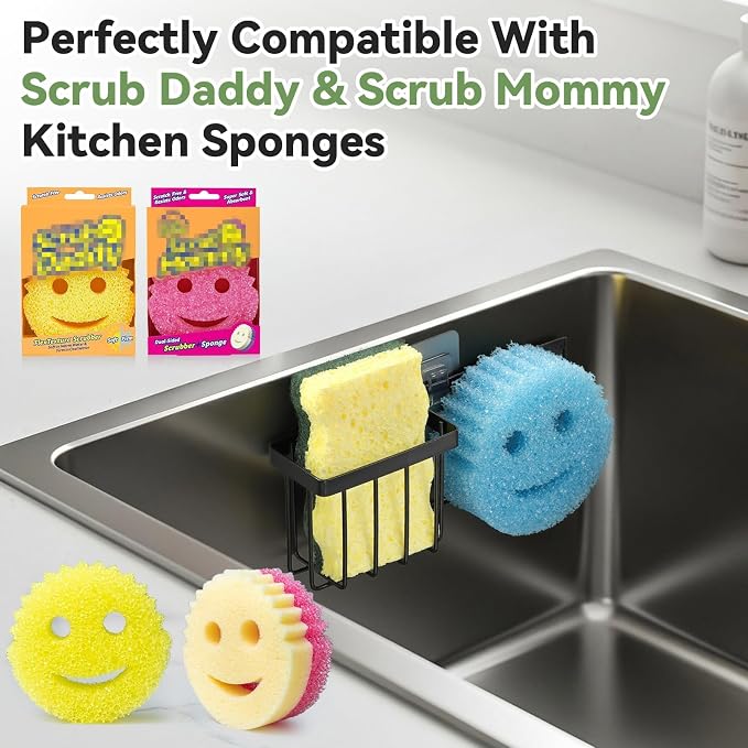 LANDNEOO [Space Saving] Sponge Holder for Kitchen Sink, Great for Scrub Daddy/Scrub Mommy Sponges, Rust-proof Sink Sponge Caddy Organizer for Dish Brush, Scrubber - with Suction Cups & Hooks, Black