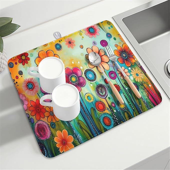 Abstract Colorful Floral Dish Drying Mat for Kitchen Counter Spring Summer Flower Microfiber Dish Drainer Mat Rustic Absorbent Washable Drying Pad 16"x18"