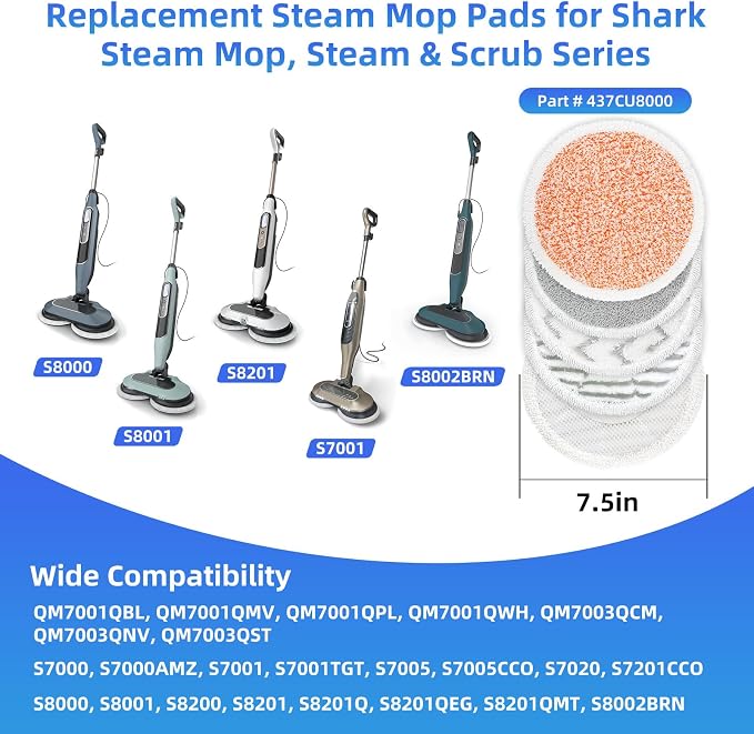 VIEWALL Steam Mop Pads Replacement for Shark S8002BRN S8001 S8000 S8200 S820 S8201 S7001 S7201 S7000 S7005 S7020 S7001 S7020 7001 S7201 QM7001 Steam Scrub, Dirt Grip Soft Washable Scrub Pads 8 Pack