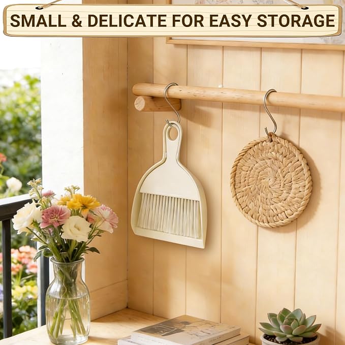 THINKLEARN 2PCS Small Dust Pan and Brush Set, Mini Broom Dustpan Kit | Portable Brush Dustpan Combo Set, Beige Cleaning Supplies