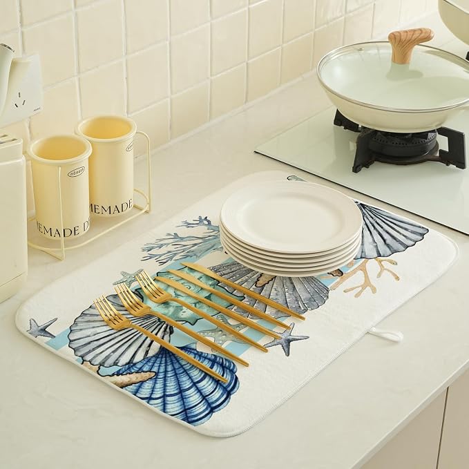Nautical Coastal Starfish Dish Drying Mat 18x24 Inch Blue Beach Coral Shell Drying Mat for Kitchen Counter Absorbent Seasonal Summer Ocean Dishes Dry Pad for Drainer Rack Kitchen Fast Dry