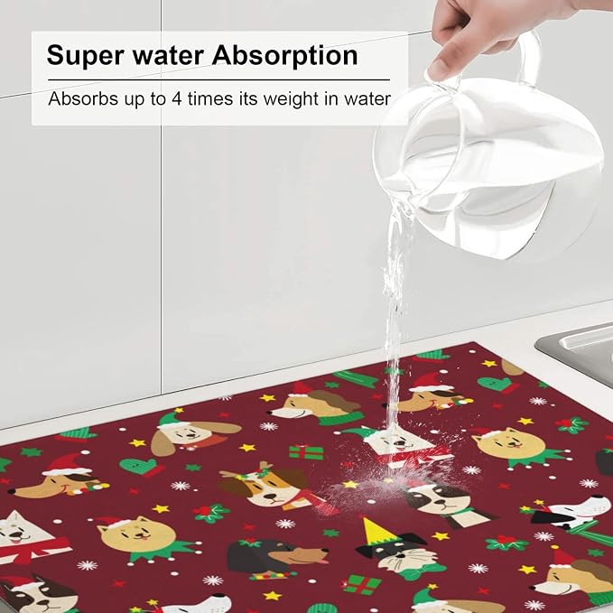 Red Christmas Puppy Dog Dish Drying Mat 18 x 24 Inch for Kitchen Counter Cute Kitchen Mat Microfiber Kitchen Countertop Absorbent Reversible Drainer Rack Pad Dish Drying Mat