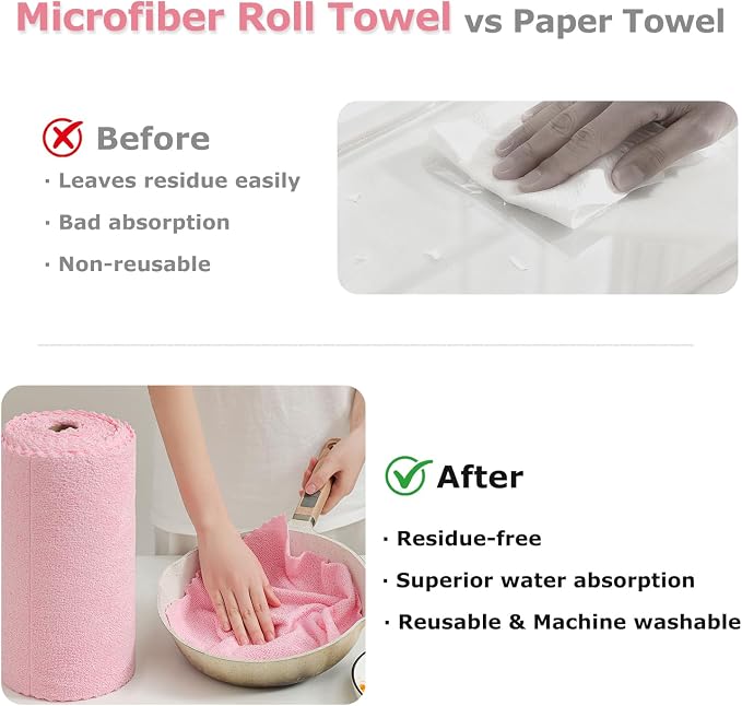 Jessy Home 80 Pack Reusable Paper Towels Pink Microfiber Cleaning Cloth Roll 12"x12" Microfiber Towels, Tear Away Cloth for Cars,Wash Cloths,Lint Free Rags for House,Kitchen,Window,Cleaning Supplies