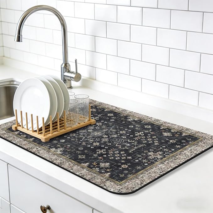 Dish Drying Mat, Vintage Rustic Boho Kitchen Dishes Absorbent Pad, 17x32in | Eco-friendly diatomite with non-slip rubber backing. Super absorbent mat for kitchen counters, coffee bars & sinks