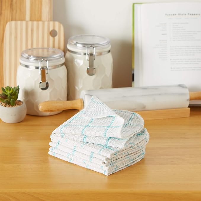 DII Scrubber Dishcloths Collection Windowpane Dishrag Set, 12x12, White/Aqua Stripe, 6 Piece