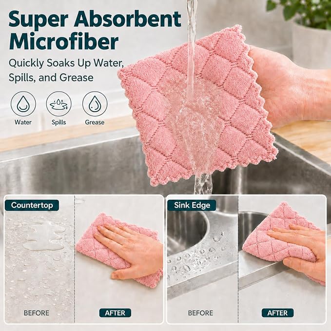 kimteny 12 Pack Dish Cloths for Washing Dishes, Super Absorbent Microfiber Kitchen Dish Rags, Fast Drying Coral Velvet Dish Cloths for Kitchen Counter and Dishes (Pink-Green)