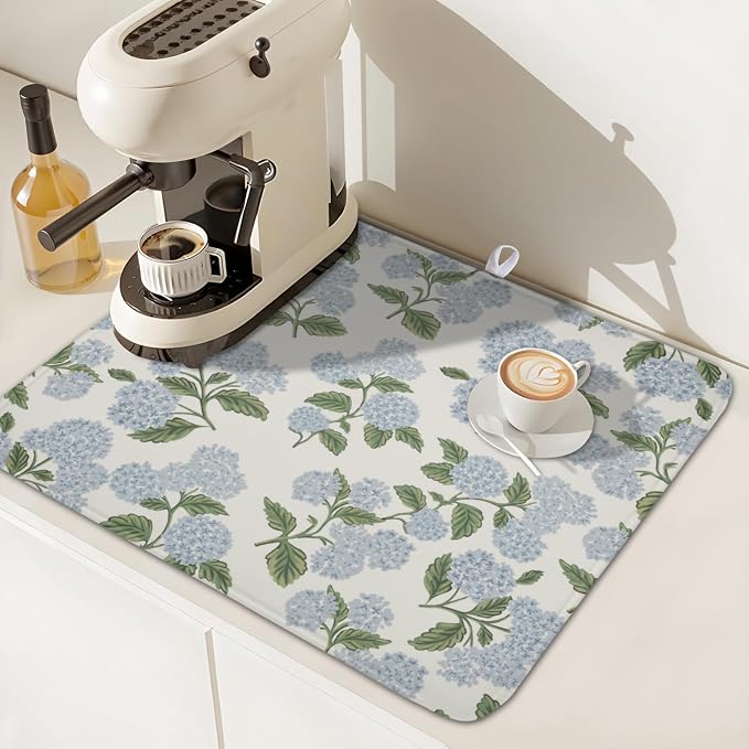 Blue Hydrangea Floral Dish Drying Mat for Kitchen Counter Spring Summer Vintage Flower Microfiber Dish Drainer Mat Rustic Farmhouse Absorbent Washable Drying Pad 16"x18"