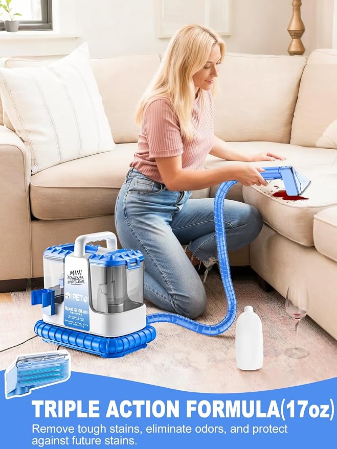 Portable Carpet & Upholstery Cleaner Machine for Pets, Spot, Stain, Couch Cleaner Machine with Powerful Suction and and Cleaning Solution, Car/Auto Detailer, Lightweight Compact Design, Blue