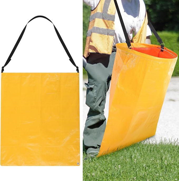 Faccito 1 Pack Litter Bag with Shoulder Strap Trash Pickup Bag Holder Lawn Leaf Chute Vinyl 4.45 Cubic Feet No Bending Portable Trash Picker Grabber for Patio Yard Garden (Yellow)