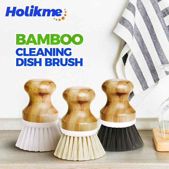 Holikme Bamboo Palm Brush Dish Brushes Vegetable Scrubber Round Natural Scrub Brush Cleaning Kit for Cleaning Saucepans, Pots, Pans and Vegetables, White Yellow Black