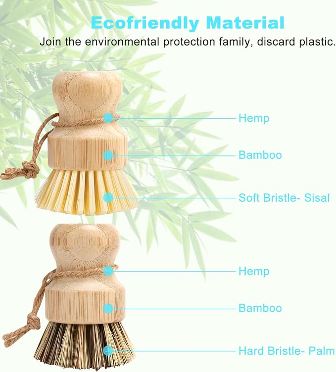 Aisuly Bamboo Dish Brush Set, 2 Pcs Palm Wooden Dish Scrubber Brush, Dish Brushes, Durable Wood Dishes Scrub Brush, Natural Round Vegetable Cleaning Pots Pans Sink Washing Kitchen Brush