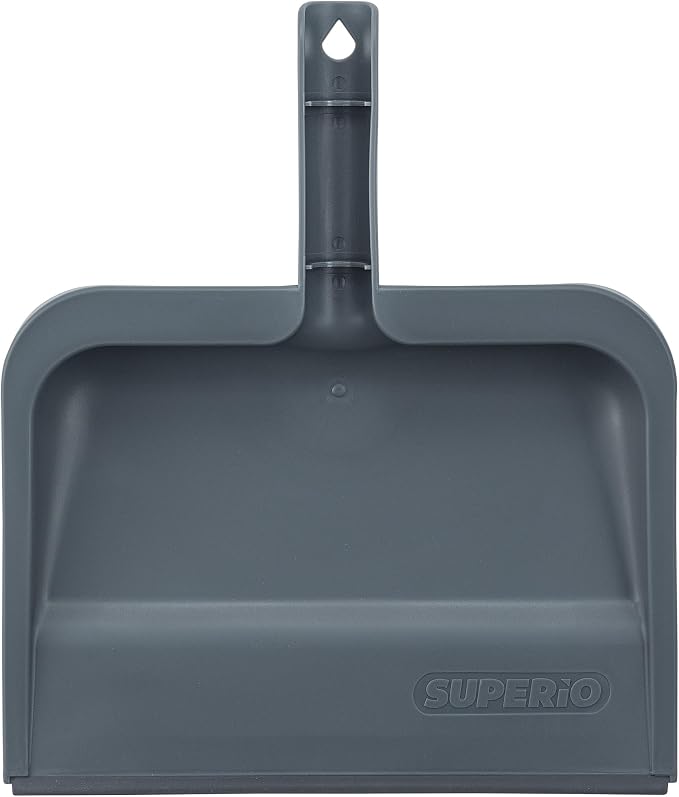 Superio Clip-On Dustpan with Rubber Lip - 10-inch Wide Durable Plastic Dust Pan with Comfort Grip Handle, Lightweight Multi Surface, Heavy Duty, Easy Sweep Broom Gray