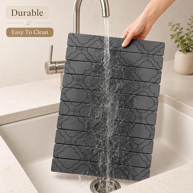 Large Stone Dish Drying Mat for Kitchen Counter, 2PCS Quick Dry Stone Dishes Mat, Foldable Water Absorbing Diatomaceous Drying Organizer Pad for Plates Rack Bottles Utensils(Clover, 24"×16" & 8"x4")