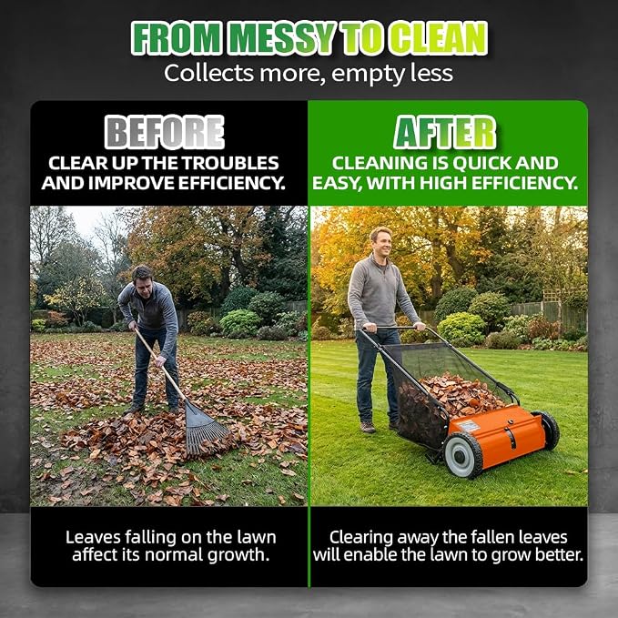 PPOLB 26" Push Lawn Sweeper, 7 cu.ft Large Capacity Yard Sweeper Push, 5:1 High-Density 4 Brushes, Adjustable Height, Heavy Duty Leaf Collector with Detachable Hopper, Rubber Wheels, Ergonomic Handle