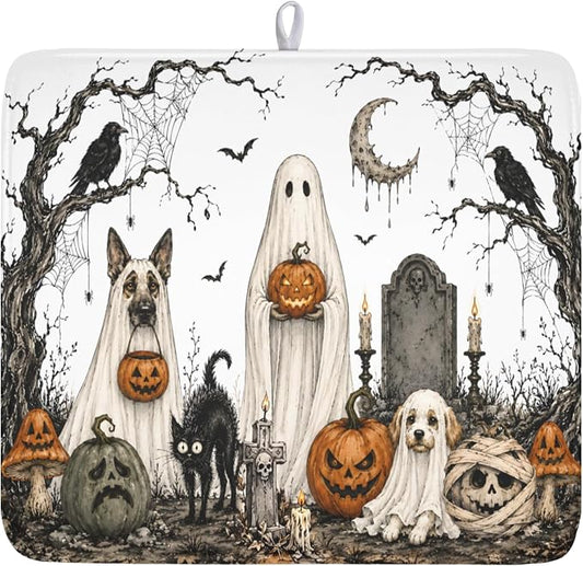 Halloween Ghost Dish Drying Mat for Kitchen Counter Spooky Pumpkins Dog Cat Crow Pattern Microfiber Dish Drainer Mat Vintage Holiday Absorbent Washable Drying Pad 16"x18"