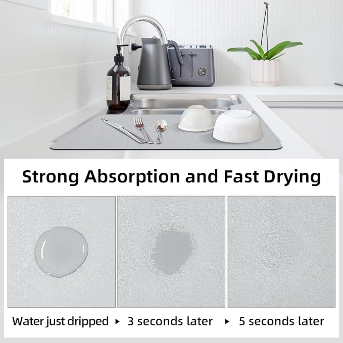 LOPNUR Kitchen Dish Drying Mat, 24"x16" Dish Drying Mats for Kitchen Counter, Diatomite Coffee Mat, Super Absorbent Dish Drying Pad, Heat Resistant Mat with Anti-slip Rubber Backed, Light Grey