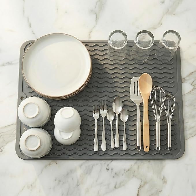 MicoYang Silicone Dish Drying Mat, Grey, 16"×12" | Quick-Dry Ridges, Heat-Resistant Trivet to 450°F, Non-Slip & Dishwasher Safe, Roll-Up Storage, 18 Colors & 9 Sizes Available
