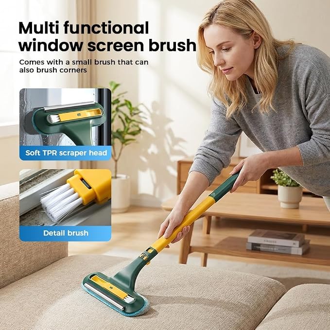 Window Screen Cleaning Brush, 2 in 1 Screen Cleaner Tool with Squeegee, Multi-Purpose for Patio, Door, Porch Screens (Yellow)