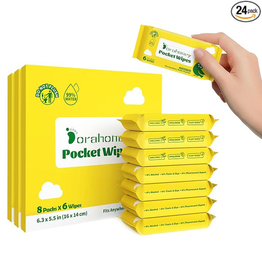 Unscented Travel Wet Wipes, 99% Purified Water Mini Wipes for Sensitive Skin, Hypoallergenic & Plastic-Free Pocket Wipes, 144 Count (24 Packs of 6)