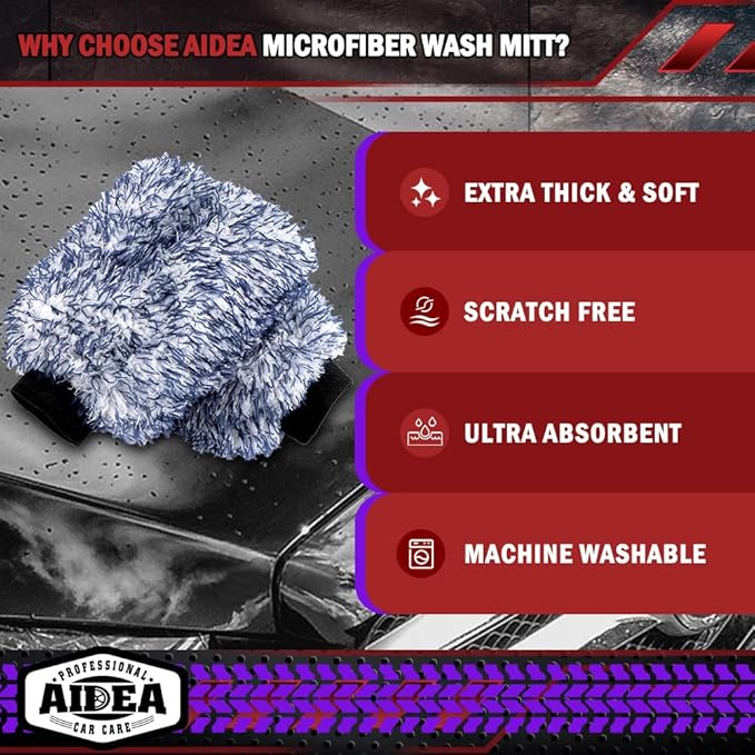AIDEA Car Wash Mitt Microfiber, 1PK Wheel Cleaner Mitts, 7.12''X10.14'' | Scratch Free Lint-Free, Extra Plush Premium Microfiber Mitt Car Wash Brush, Regular Size