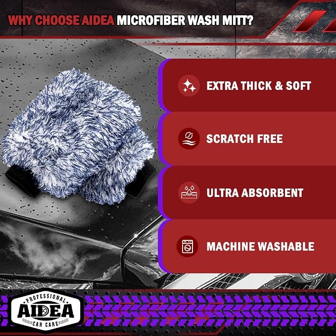 AIDEA Car Wash Mitt Microfiber, 2PK Wheel Cleaner Mitts, 7.12''X10.14'' | Scratch Free Lint-Free, Extra Plush Premium Microfiber Mitt Car Wash Brush, Regular Size