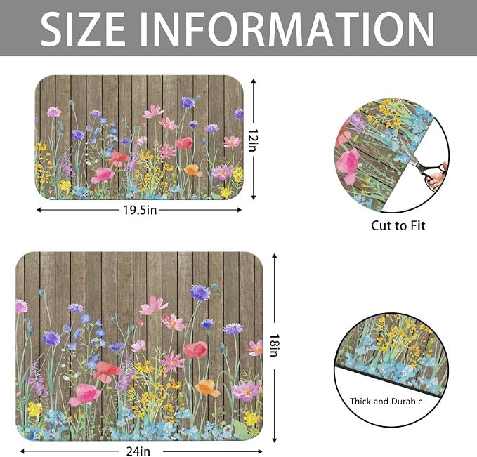 Dish Drying Mat 2-Pack, Wood Floral For Kitchen Counter Dishes Drying | Diatom Mud Mats (18x24, 19.5x12"). Non-slip rubber back for kitchen counter, coffee bar & sink scenes
