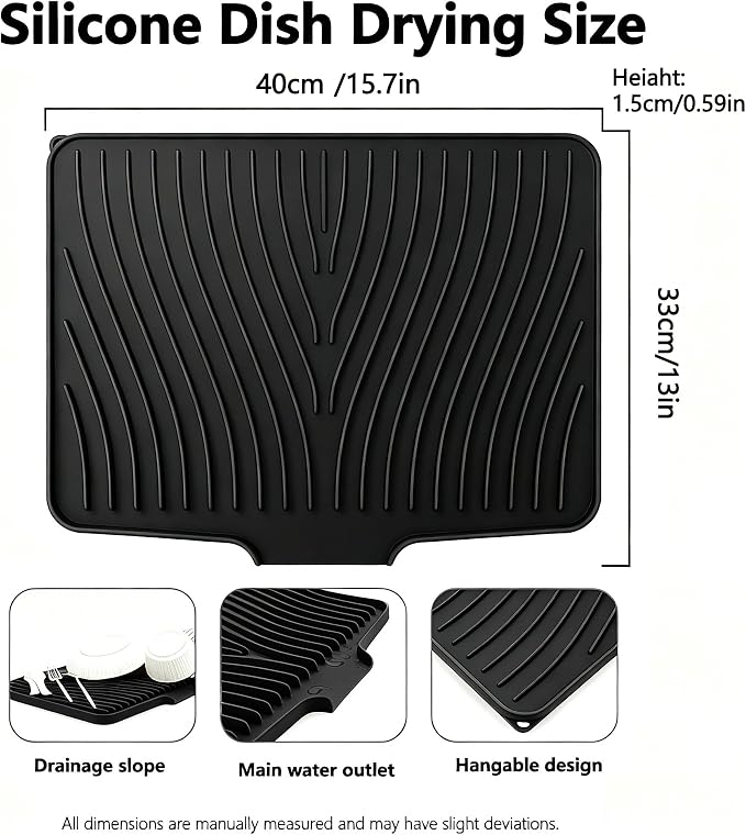EBIGIC Silicone Dish Drying Mat,15.7"*13 "Dish Drying Pad,kitchen accessories,with Built-In and Non-Slip Drain,easy Clean, fit for kitchen, Bar, RV, Refrigerator and Drawer Liner, Black
