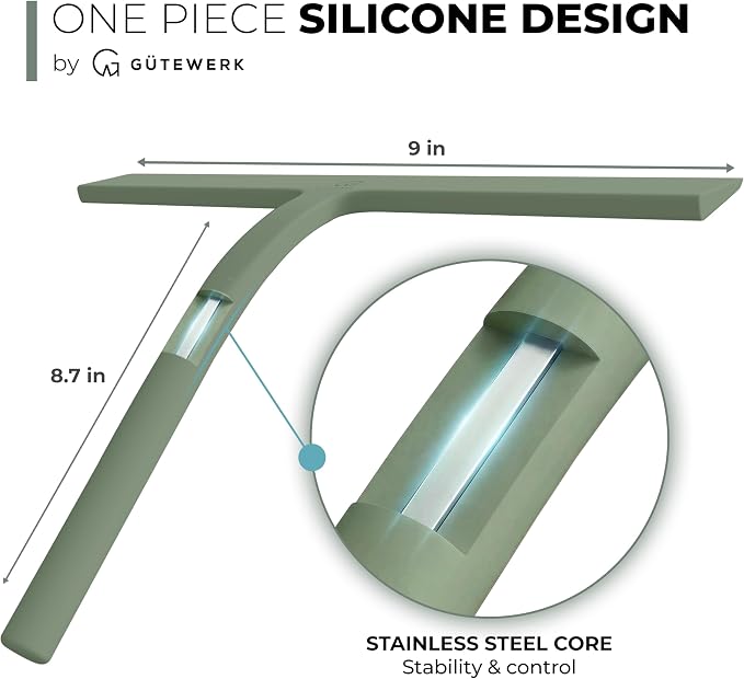GÜTEWERK Silicone Shower Squeegee for Glass Doors & Mirrors with Stainless Steel Core, Streak-Free & No-Squeak Window Cleaning, 3-in-1 No-Drill Mount (Hook/Suction/Adhesive),Green, 9 Inches