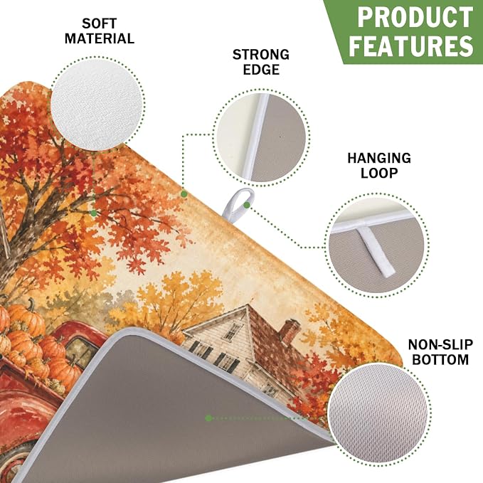 Fall Pumpkin Dish Drying Mat for Kitchen Counter Thanksgiving Autumn Harvest Pattern Microfiber Dish Drainer Mat Vintage Rustic Farmhouse Absorbent Washable Drying Pad 16"x18"