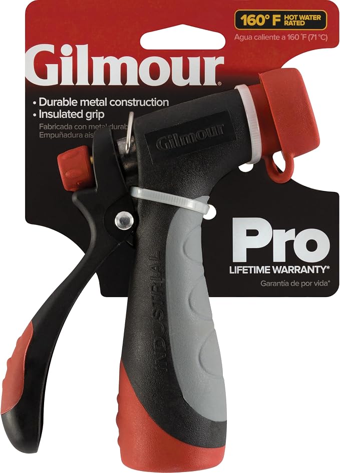 Gilmour Pro Heavy Duty Rear Control Garden Hose Nozzle with Insulated Grip | Ergonomic Non-Slip Handle, Hot Water Compatible, Trigger Lock, Flow Control, Concentrated Stream