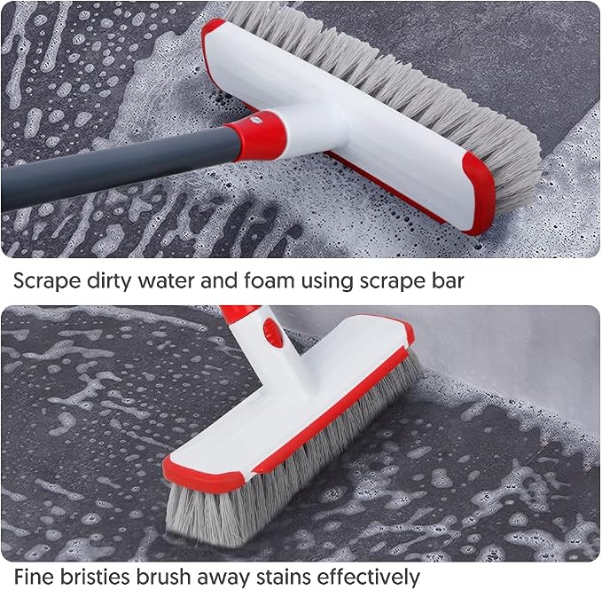 Floor Scrub Brush with Long Handle, Scrubbing Brush Squeegee Broom for Cleaning, 2 in1 Stiff Bristle Shower Scrubber Floor Squeegee for Pool Wall Tile(White)