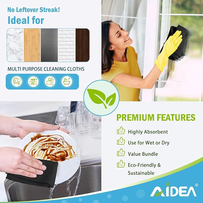 AIDEA Microfiber Cleaning Cloth Black 100PK, Microfiber Towels for Cars, Premium Car Cloths, Dusting Cloth Lint Free Cleaning Rags for SUVs, House, Kitchen, Window, Workshops,11.5"×11.5"