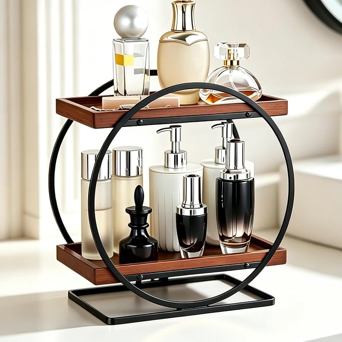 2-Tier Bathroom Counter Organizer, Wooden Perfume Organizer for Dresser, Bamboo Countertop Trays for Skincare Makeup Vanity Shelf, Organizers and Storage for Bathroom Kitchen, Black & Brown