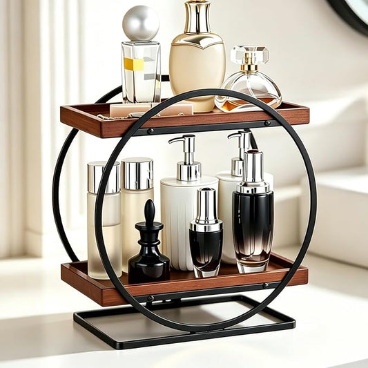 2-Tier Bathroom Counter Organizer, Wooden Perfume Organizer for Dresser, Bamboo Countertop Trays for Skincare Makeup Vanity Shelf, Organizers and Storage for Bathroom Kitchen, Black & Brown
