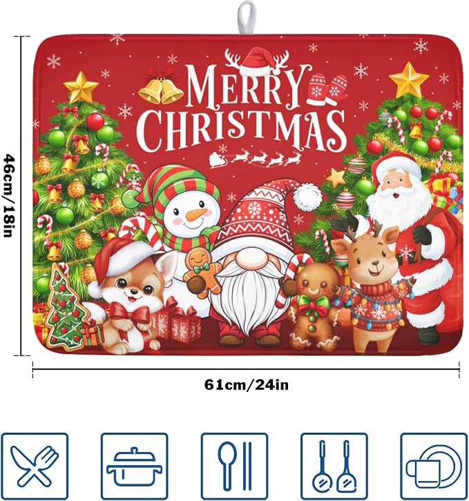 Merry Christmas Dish Drying Mat for Kitchen Counter 18x24 Inch | Xmas Theme Snowman Santa Claus Trees Pattern Dish Drainer Mat Rustic Holiday Absorbent Washable Drying Pad