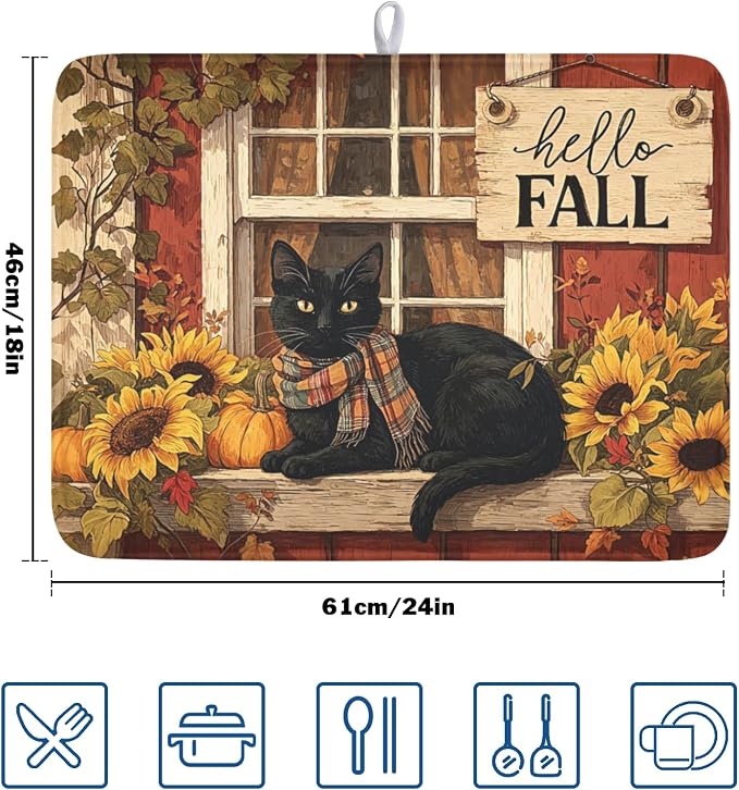 Fall Dish Drying Mat for Kitchen Counter Vintage Autumn Cat Sunflower Pumpkin Microfiber Dish Drainer Mat Rustic Farmhouse Absorbent Washable Drying Pad Extra Large 18"x24"