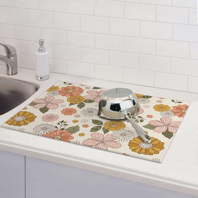 Pink Flowers Dish Drying Mat For Kitchen Counter, Super Absorbent Microfiber Dish Drying Pad, Kitchen Gadgets For Easy Clean Multi-Use Large 18"x24"