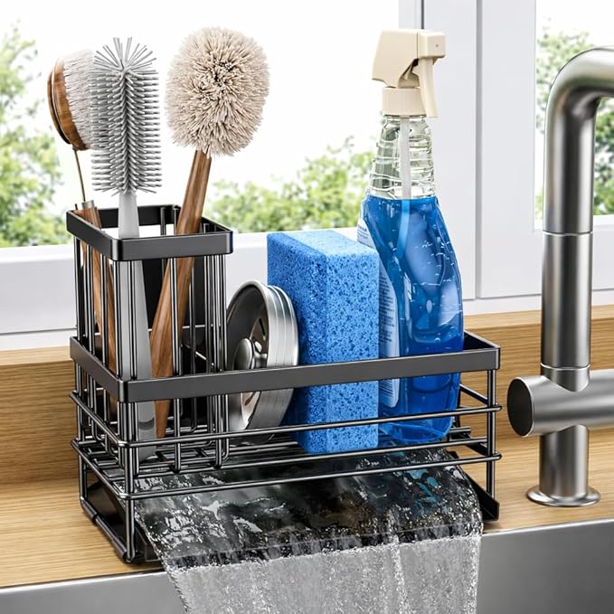 Cisily Sink Caddy Sponge Holder for Kitchen with Brush Holder and Stainless Steel Self Drain Tray, Rustproof Kitchen Sink Organizer for Sponge, Soap Dispenser Storage Accessories