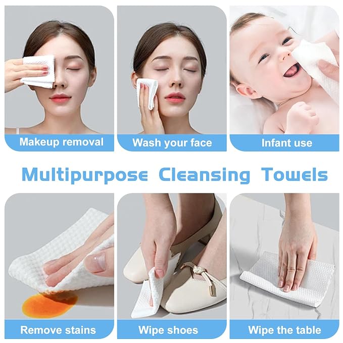Cotton Facial Dry Wipes 100 Count, Deeply Cleansing Disposable Face Towel Wash Cloth, Multi-Purpose for Skin Care, Make-up Wipes, Face Wipes and Facial Cleansing (6 Pack)