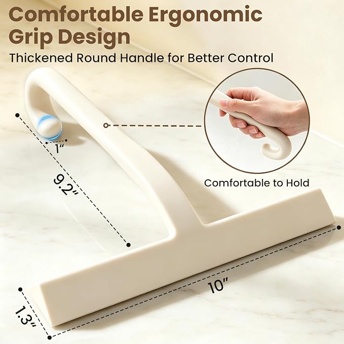10 Inch Silicone Shower Squeegee for Glass Doors, Streak-Free, White | No-Squeak Silicone Blade, Ergonomic Round Grip and Built-In Hook for Quick Daily Cleaning of Shower Glass, Tile and Windows